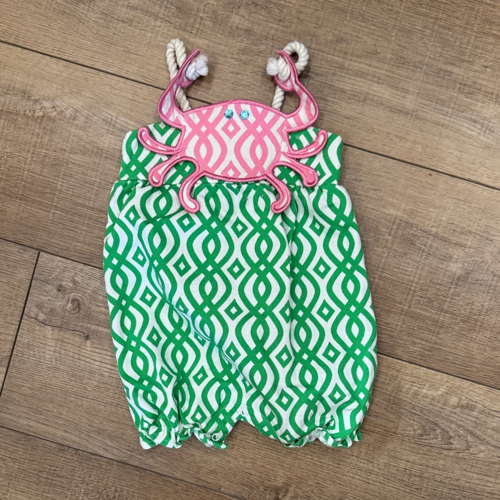 Vintage Green & Pink Crab Design 100% Cotton Mud Pie Baby Romper 6-9 months old